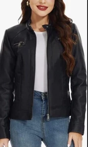 Fahsyee Women's Faux Soft Leather Jacket Zip Up Motorcycle Short Moto Biker... - Picture 1 of 6