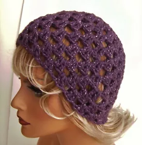 NEW PURPLE SPARKLE OPEN WEAVE BEANIE HAT HAND MADE CROCHET BERET SKULL CAP - Picture 1 of 5