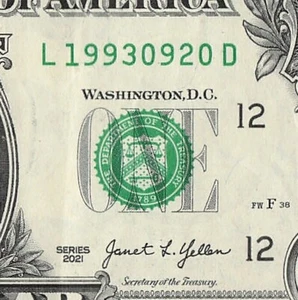 Billete de dólar con fecha de cumpleaños de 20 SEP 1993 número de serie elegante 09 20 1993 - Imagen 1 de 11
