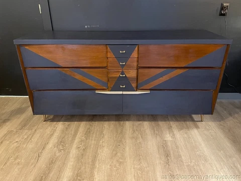 Mid Century Modern Painted Long Dresser Navy Blue Original Hardware Metal Legs Cover