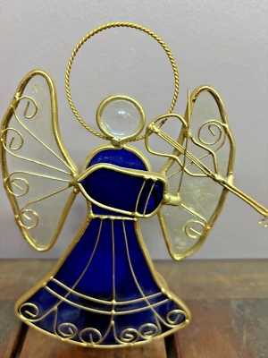 Stained Glass Angel Tealight Votive Candle Holder Playing a Violin Blue - Image 1 of 4