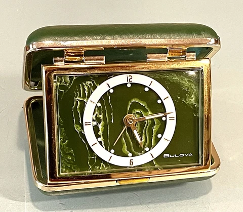 Antique Vintage Bulova Japan Alarm Wound Up Table Desk Travel Watch Clock Cased Cover