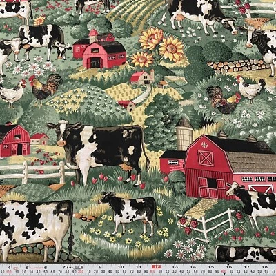 Vintage Joan Kessler for Concord Farm Cows Barn Cotton Fabric by the HALF YARD - Image 1 of 2