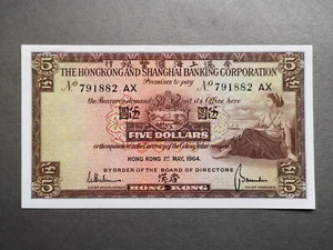 Hong Kong, Hong Kong y Shanghai Banking Corporation 5 dólares 1964, UNC - Imagen 1 de 2