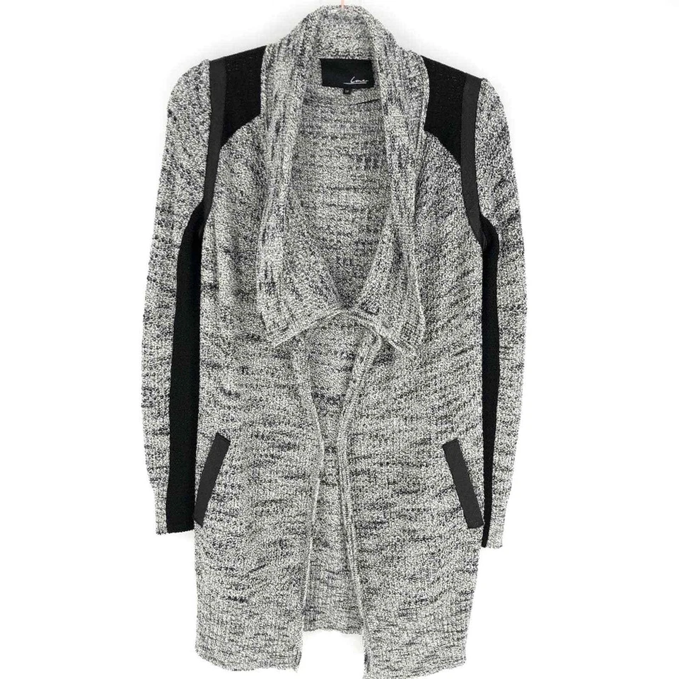 Кардиган с кожаной отделкой линия серый белый черный размер S - Изображение 1 из 4