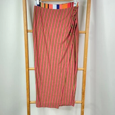 Tigerlily Tulip Skirt Womens 8 Pink Yellow Stripe Midi Pullover Stretch Unlined - Image 1 of 4