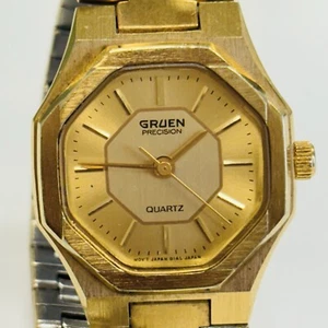 Vintage Gruen Precision Ladies Gold Plate Quartz Watch Octagon Bezel Gold Dial - Picture 1 of 13