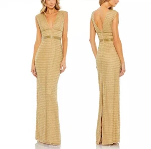 Mac Duggal Womens 4 Gold Beaded Cap Sleeve V Neck Formal Evening Maxi Dress Gown - Picture 1 of 13