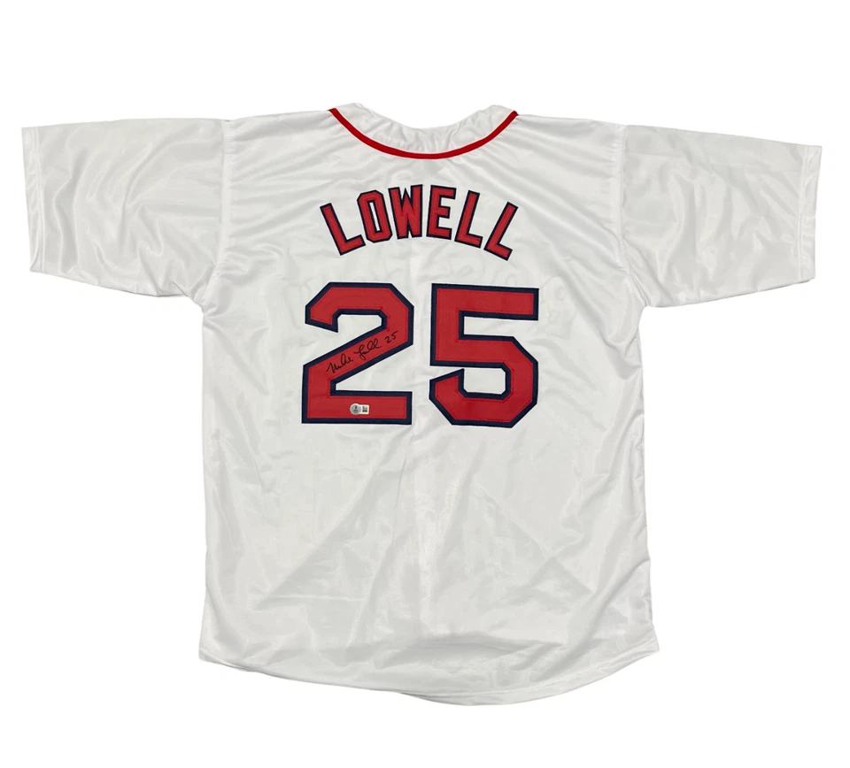 Camiseta personalizada firmada por Mike Lowell de los Medias Rojas de Boston Beckett Witness certificado de autenticidad BAS Foto 1 de 3