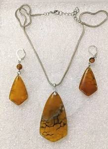 3Pc PEACH BLOWN GLASS PENDANT & EARRINGS 18"CHAIN BROWN BLACK VEINS 925 SILVER - Picture 1 of 1