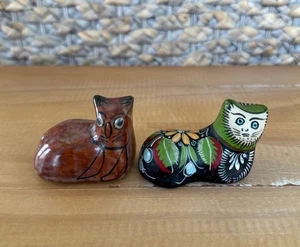 2 Estatuillas pequeñas de gato de cerámica arte popular Tonala pintadas a mano de México mexicano - Imagen 1 de 9