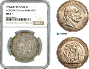 AK809, Hungary, Franz Joseph, 5 Korona 1907 KB, Kremnitz Mint, Silver, NGC MS61 - Picture 1 of 1