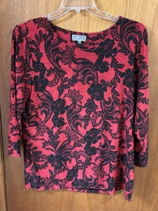 Red & Black Floral Poly Jersey Top JM Collection Sz L 46-52” Bust - Picture 1 of 7