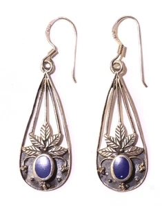 925 Sterling Silver blue Lapis lazuli dangle earrings estate vintage leaf 4.5g - Picture 1 of 9