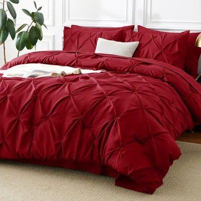 Juego de edredón CozyLux Queen rojo oscuro, 7 piezas cama pintuck en Queen, rojo Foto 1 de 4