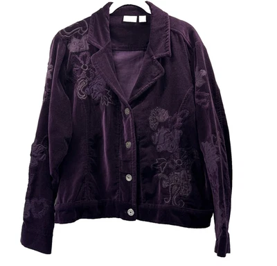 Chicos Women's Velvet Jacket XL Purple Whimsigoth Artsy Embroidered Long Sleeve - Image 1 of 4