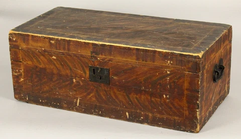 Antique 1800's Pine Chest Lock Strong Box Grain Painted, Dovetailed, American Cover