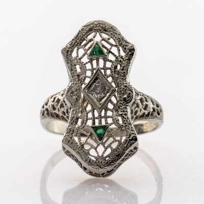 Art Deco Ring aus 585er Weißgold mit Brillant und Smaragden - Bild 1 von 4