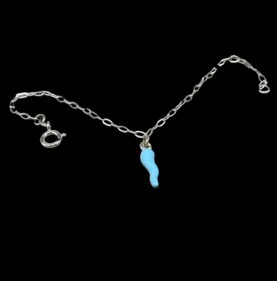 Bracciale donna argento 925 catenina anelli ovali cornetto celeste portafortuna. - Immagine 1 di 4