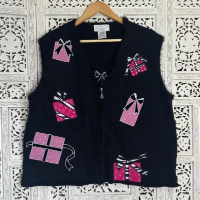 Vintage Mandal Bay Black & Pink Christmas Theme Gift Present Sweater Vest Sz XXL - Image 1 of 4