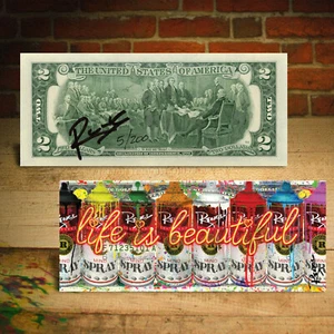 Life is Beautiful - MIND SPRAY CANS Signed by RENCY Genuine $2 Bill S/N # of 200 - Picture 1 of 3