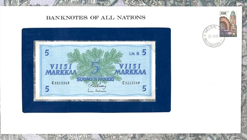 Banknotes of All Nations Finland 5 Markkaa 1963 UNC P-106Aa.74 Litt. B Cover