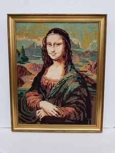 Tableau Rétro Kitsch LA JOCONDE Mona Lisa Broderie main sur canevas et acrylique - Imagen 1 de 12