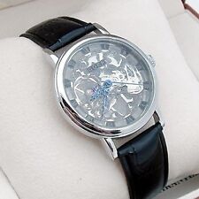 Silver Mechanical Skeleton Steampunk Heirloom Black Leather Luxury Watch