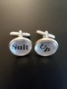 16 mm Black and white Suit Up, wedding Cuff Links ,Barney Stinson quote (white) - Picture 1 of 5