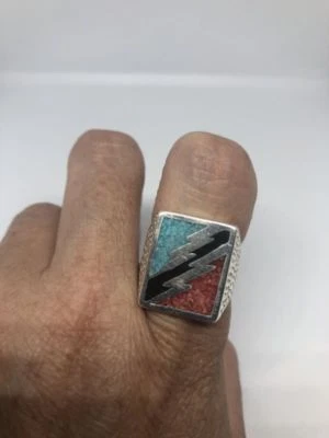 Vintage Southwestern Silver White Bronze Inlay Lightning Bolt Size 9 Ring - Image 1 of 4
