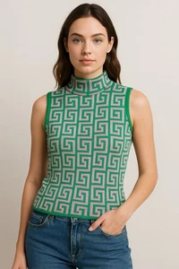 Mahogany & Co Knit Sweater Vest Women’s L Mock Neck Pink Green Geometric Retro - Picture 1 of 8