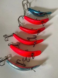 6 Vintage Helin Crankbait Flatfish Fishing Lures - Blue/Silver; Orange Good Cond - Picture 1 of 13
