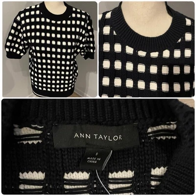 Suéter Ann Taylor Cuello Redondo Manga Corta Abullonada Talla S Negro Blanco Cuadros Grueso Foto 1 de 4