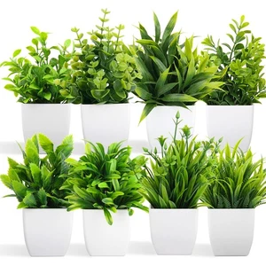 8 pcs Artificial Plants Mini Fake Potted Plants,Decorative Grass Plant with Pots - Picture 1 of 7