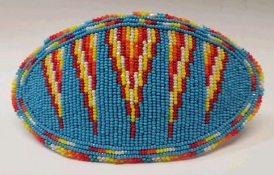 Handmade Beaded Hair Barrette Oval 4.5" Multicolored Seed Beads Leather Vintage  - Image 1 of 4
