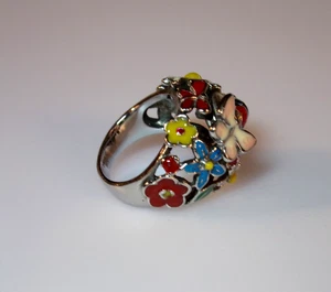Vintage Emaille Statement Ring mit Blumen, Schmetterlingen und einem Marienkäfer - Bild 1 von 6