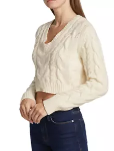 FRAME IvoryOffWhite Cable Knit V-NeckCroppedLongSleevePullover Sweater Sz XS$429 - Picture 1 of 22