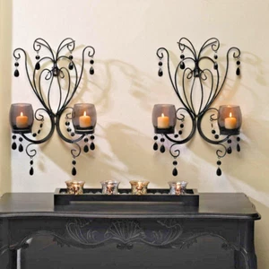 Lote de 2 piezas aplique de vela de pared Midnight Elegance 2 tazas de vidrio tintado 11” x 15” de alto - Imagen 1 de 8