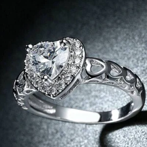Women's Silver Size 5-10 Stainless Steel CZ Eternity Heart Promise Fashion Ring - Picture 1 of 13