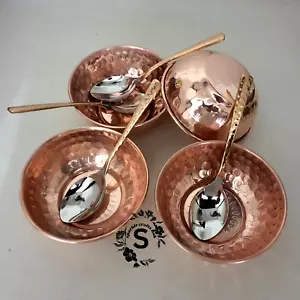 Pure Copper Food Serving Bowls, Tableware Dinnerware Kitchenware With 4 Spoon - Picture 1 of 9