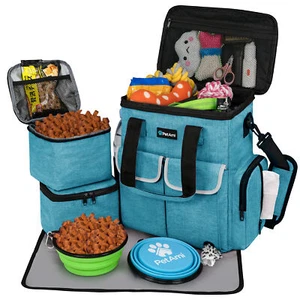 Dog Travel Bag Supplies Pet Organizer Set Pet Food Container Bowls Weekend Cat - Picture 1 of 36