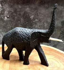 Elephant Hand Carved Wooden Small Figure Tusks dark stain Approx 6.5”Tall # #1D - Picture 1 of 5