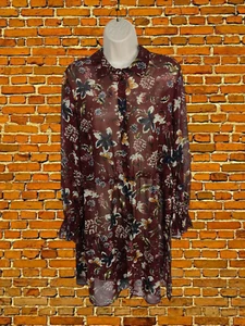 ZARA BURGUNDY DRESS LARGE WOMENS LONG SLEEVE SHEER FLORAL COLLAR BUTTON UP - Picture 1 of 4