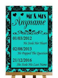 Turquoise Black Damask Important Dates Personalised Wedding Sign - Picture 1 of 8
