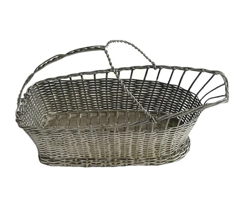 Vintage Wine Serving Basket Caddy Silver Plated Woven Wire Wine Bottle Pourer Cover