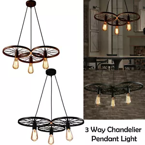Vintage 3 Way Wheel Ceiling Light Industrial Hanging Pendant Lights for Cafe Bar - Picture 1 of 33