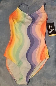 New Art Class XL Size 14 Wavy Rainbow Back Ties 1PC Striped Wavy  Swimsuit UPF50 - Picture 1 of 1