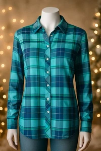 Talbots Blue Green Plaid Button Front Shirt Large NWT Cotton Blend Classic Fit - Picture 1 of 9