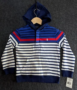 NWT Polo Ralph Lauren Striped Rugby Hoodie L/S Little Boy Sz 5 40-44lbs Blue Red - Picture 1 of 12
