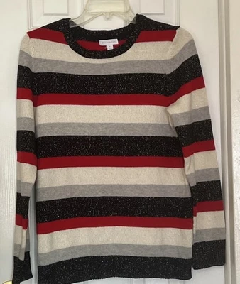 Suéter Charter Club Mujer Mediano Negro Rojo Blanco Astilla Rayas Metálico Vacaciones Foto 1 de 4